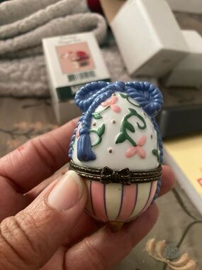 Hand-Painted Blue and Pink Floral Egg Sculpture Trinket Box